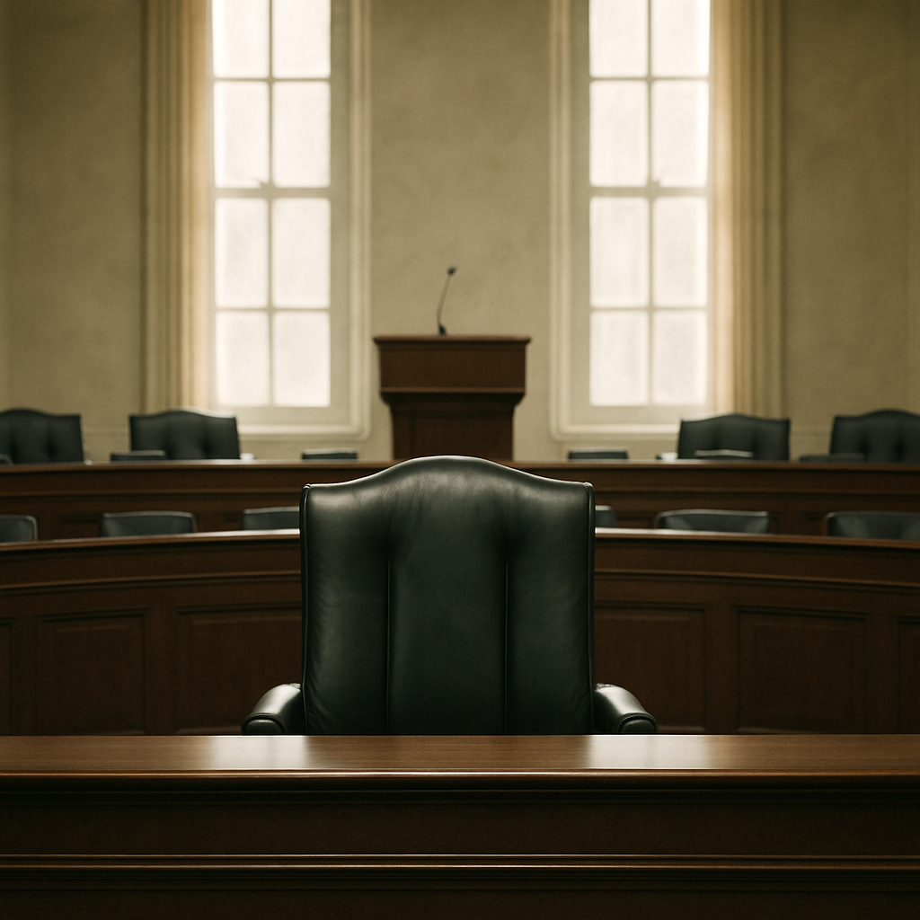 Empty congressional hearing room with vacant chair and podium.