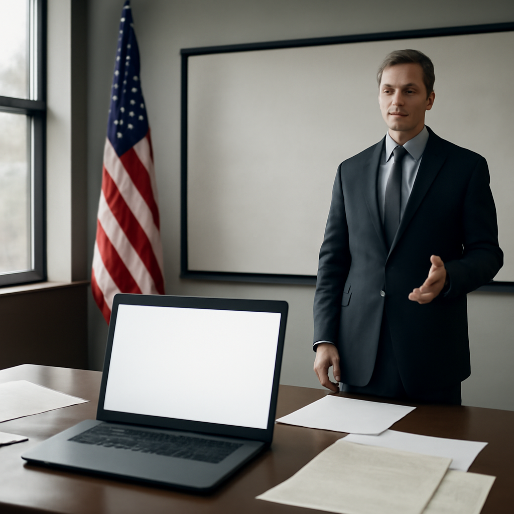 Professional in a government agency setting near a whiteboard or screen.
