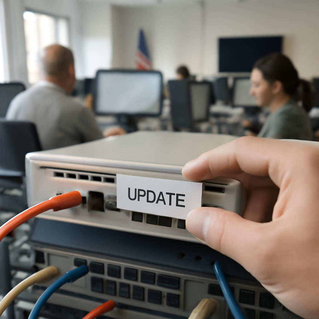 Technician applies security patch to computer system, symbolizing vulnerability fix.