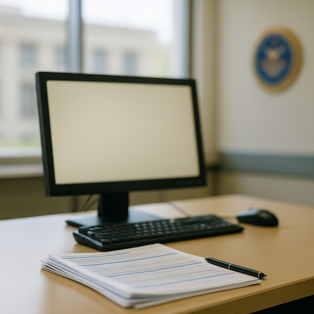 Windows computer terminal on office desk with paperwork and pen in a government setting.