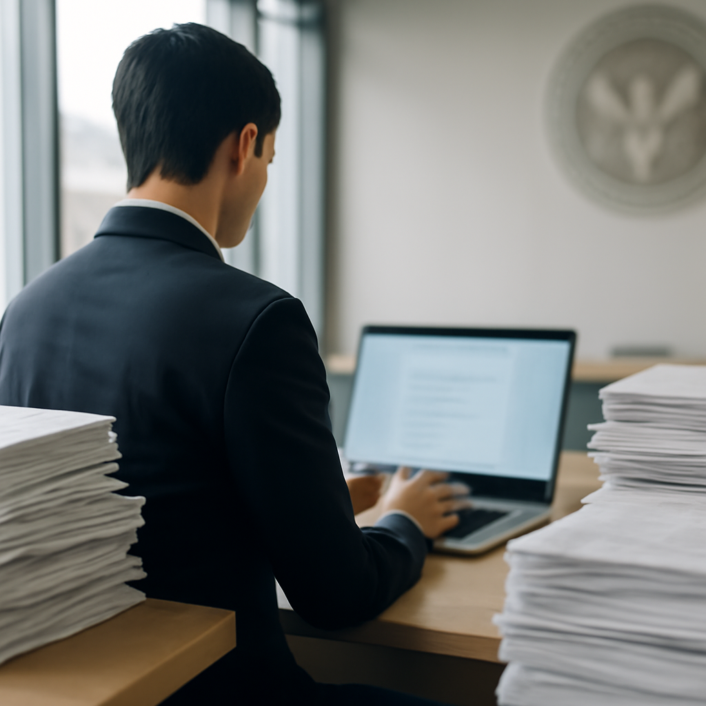 Person examines laptop amidst stacks of documents in a modern office setting.