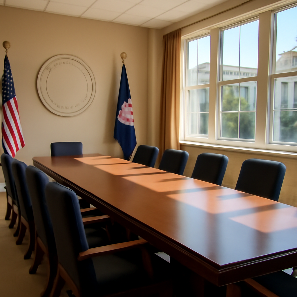 Government agency conference room with long table, chairs, and blank circular plaque on wall, flooded with natural daylight.