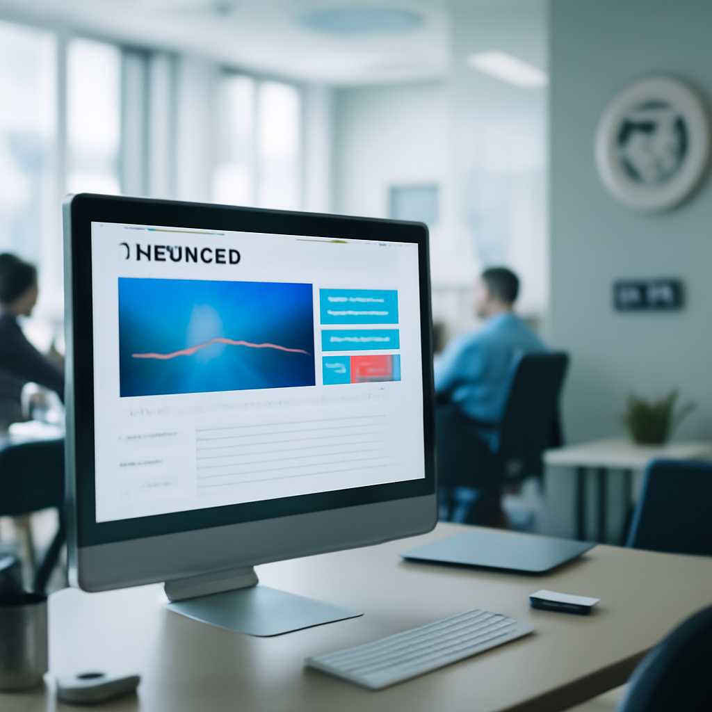 Modern office space with a desktop computer monitor displaying a platform's dashboard.