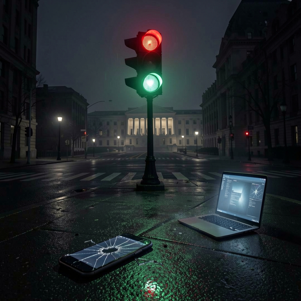 A lone traffic light stands at a deserted intersection, with a shattered smartphone on the ground and a government building…