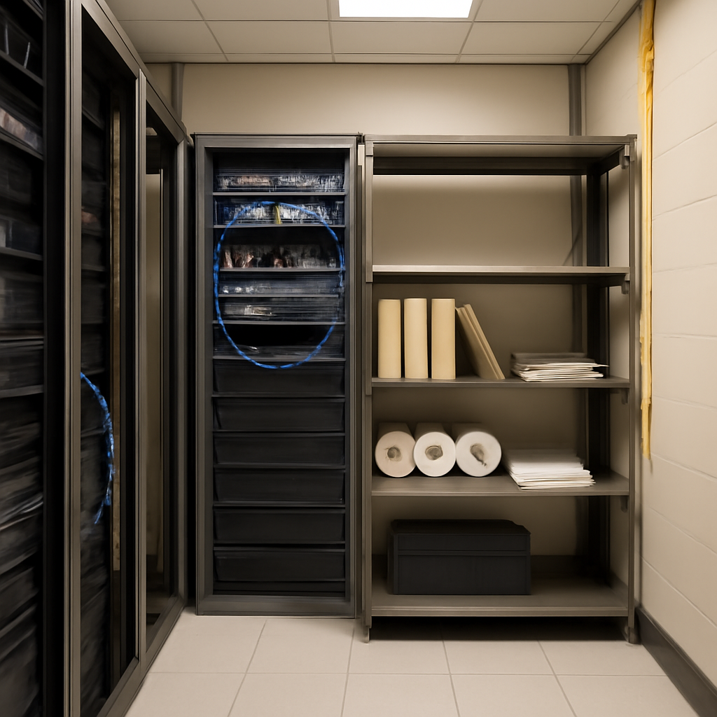 Empty office network closet with server racks, fake files, and folders on a shelf.