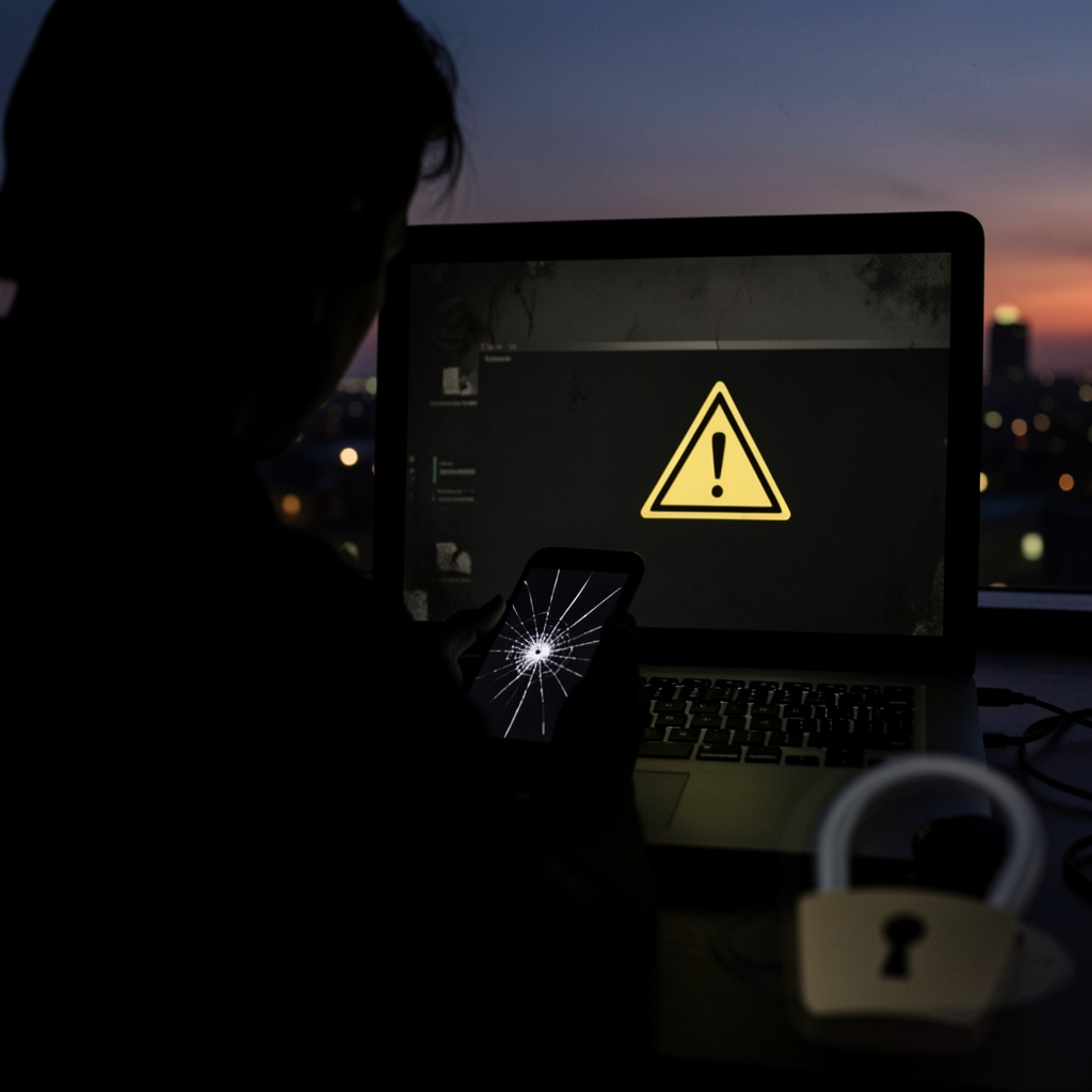 A figure in shadows holds a cracked smartphone in front of a ominous laptop screen with a warning symbol and cityscape…