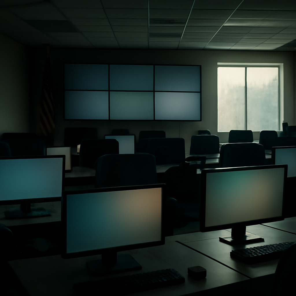 Dimly lit security operations center with empty workstations and monitors.