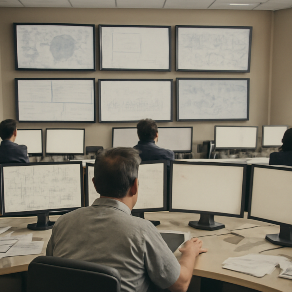 Security analysts work amidst multiple computer screens in a monitoring room with subtle signs of disarray.