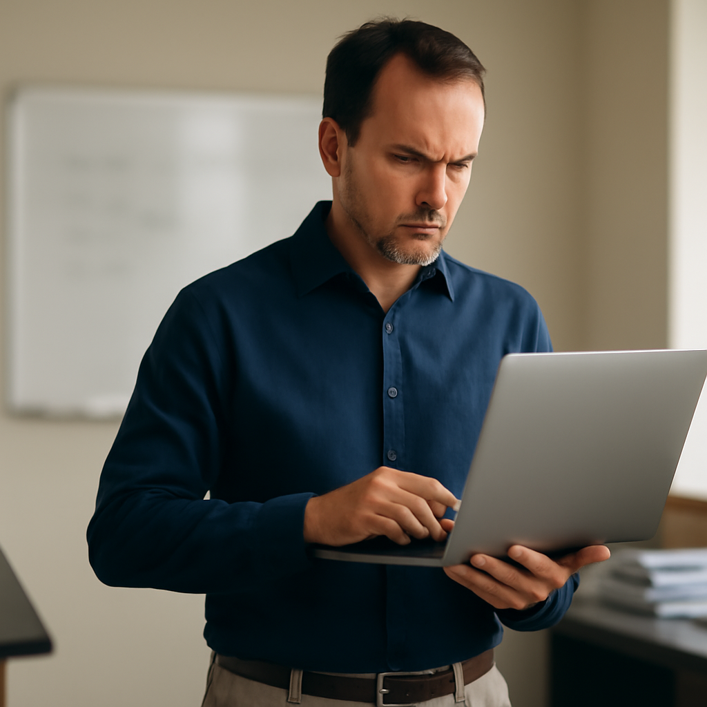 Security professional reviews laptop in office setting with thoughtful expression.