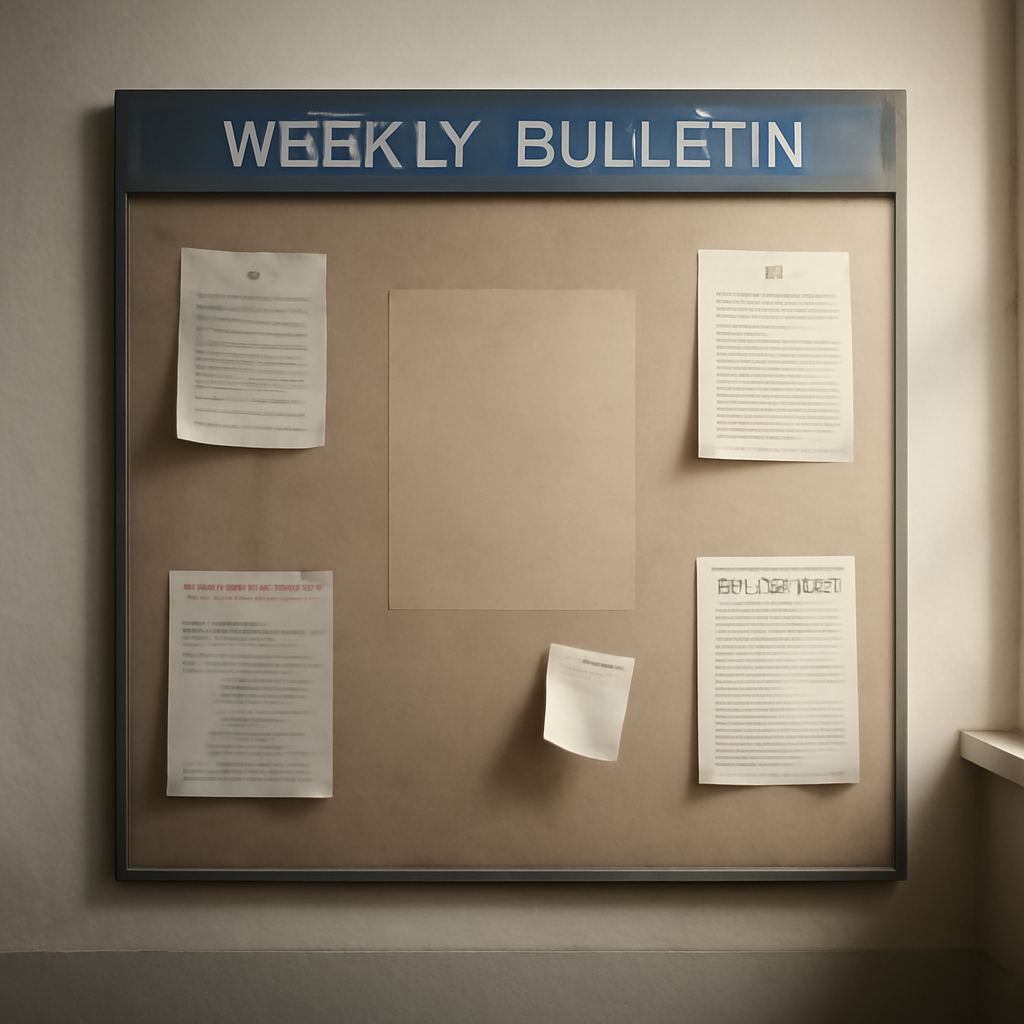 A nearly empty government bulletin board with scattered papers and a blank space under soft daylight.
