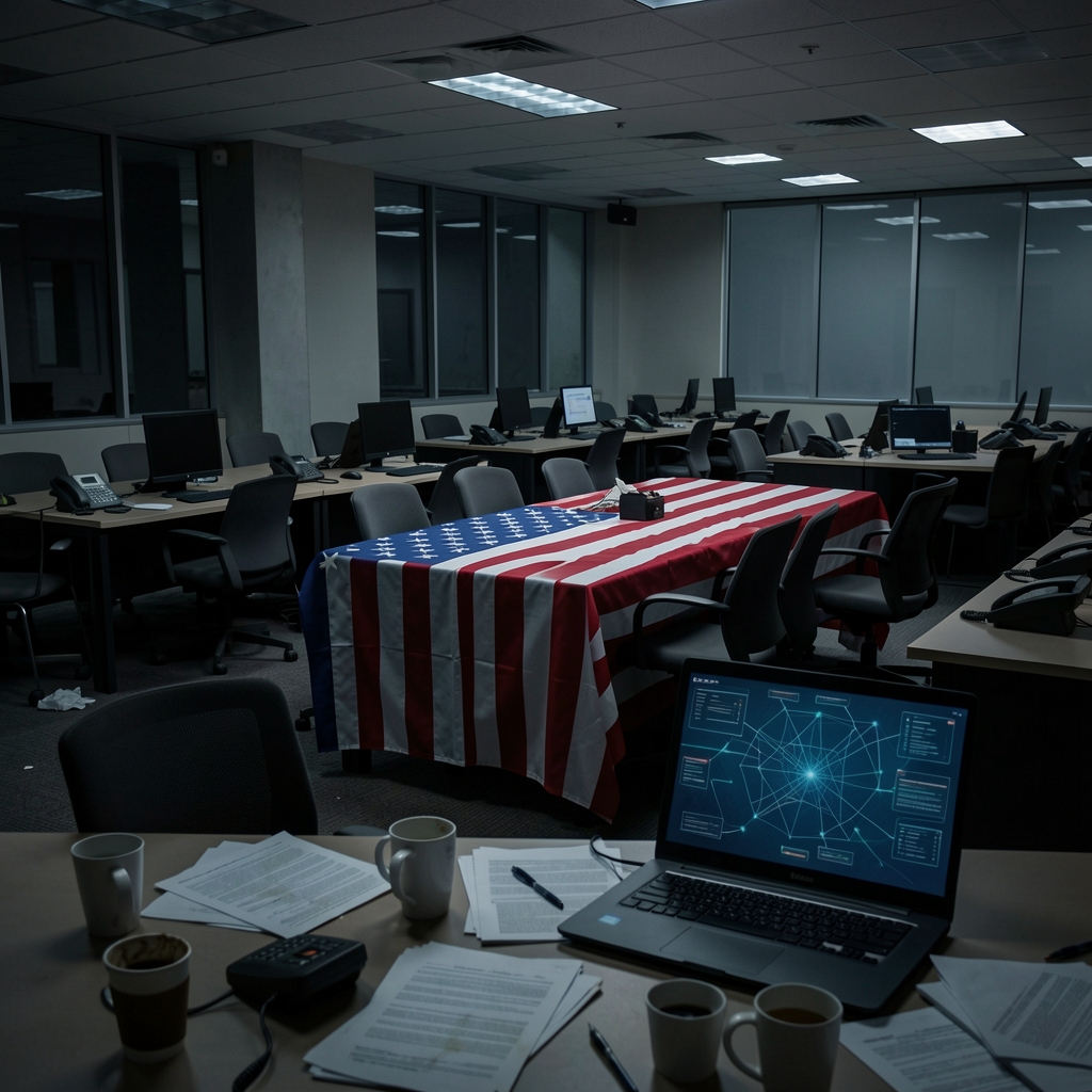 Partially evacuated government office with empty desks, computers, and a US flag, hinting at reduced network defense…