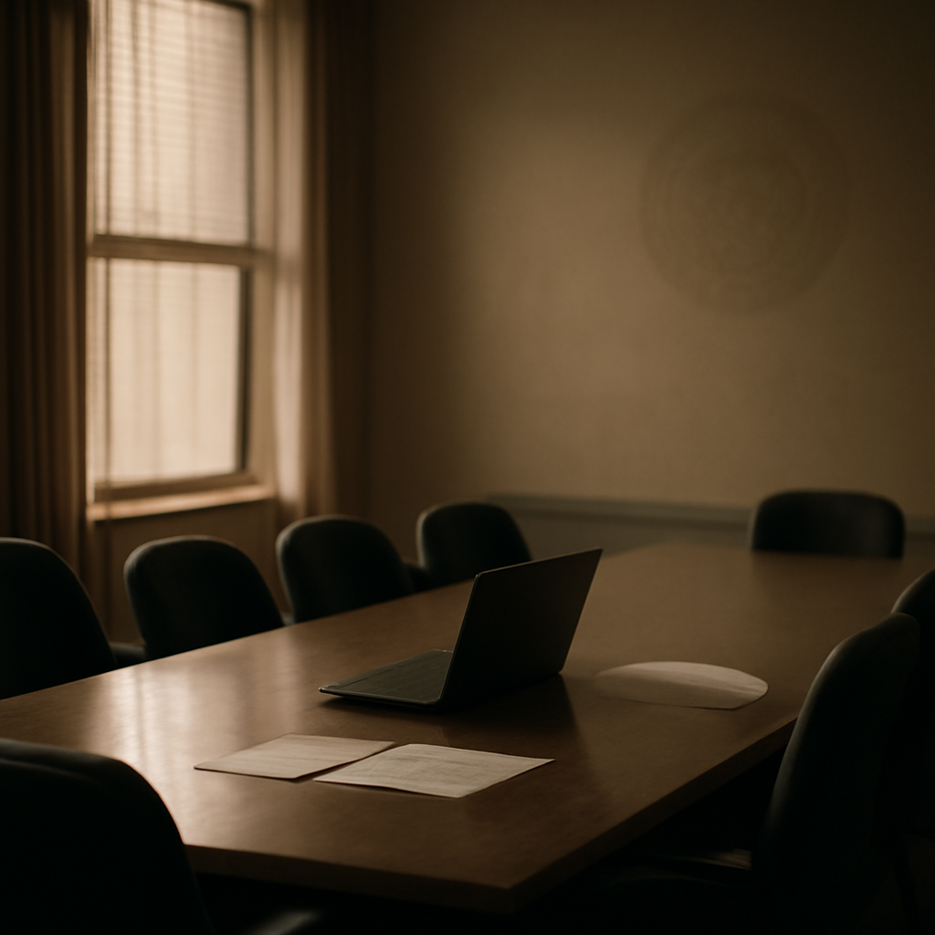 Empty conference room with laptop and papers on a wooden table by a window.