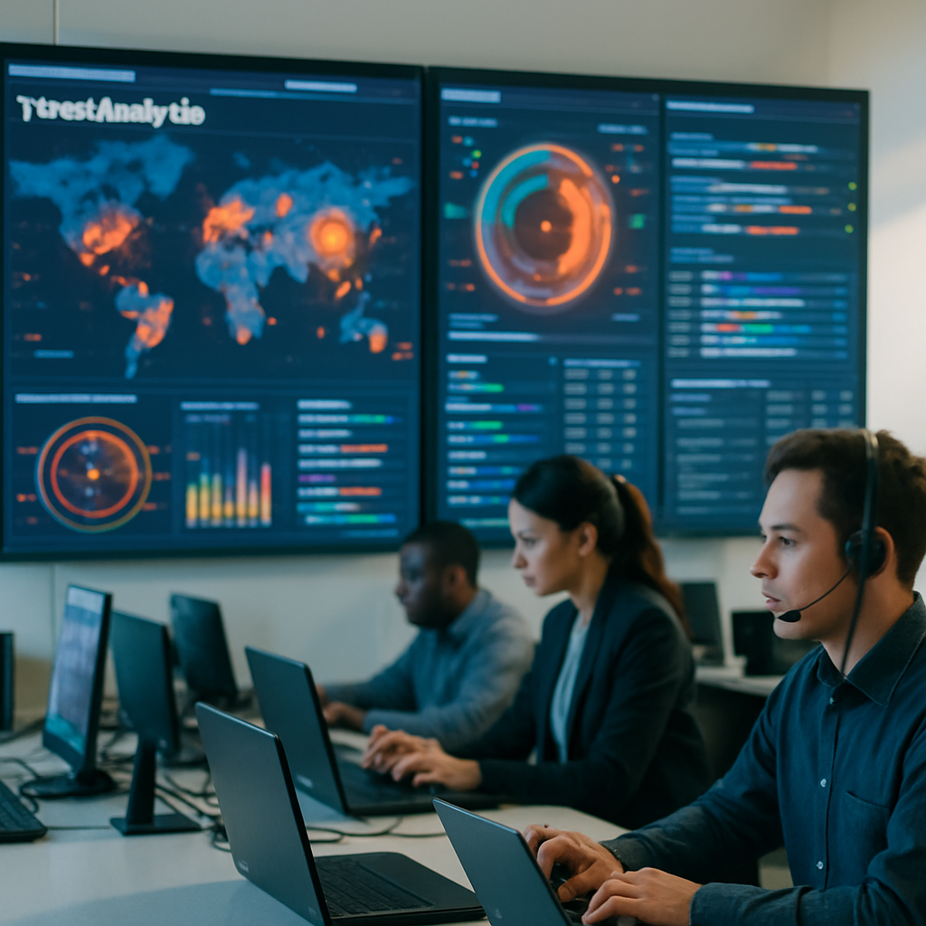 Security analysts work in a brightly-lit operations center with screens displaying threat analysis data.