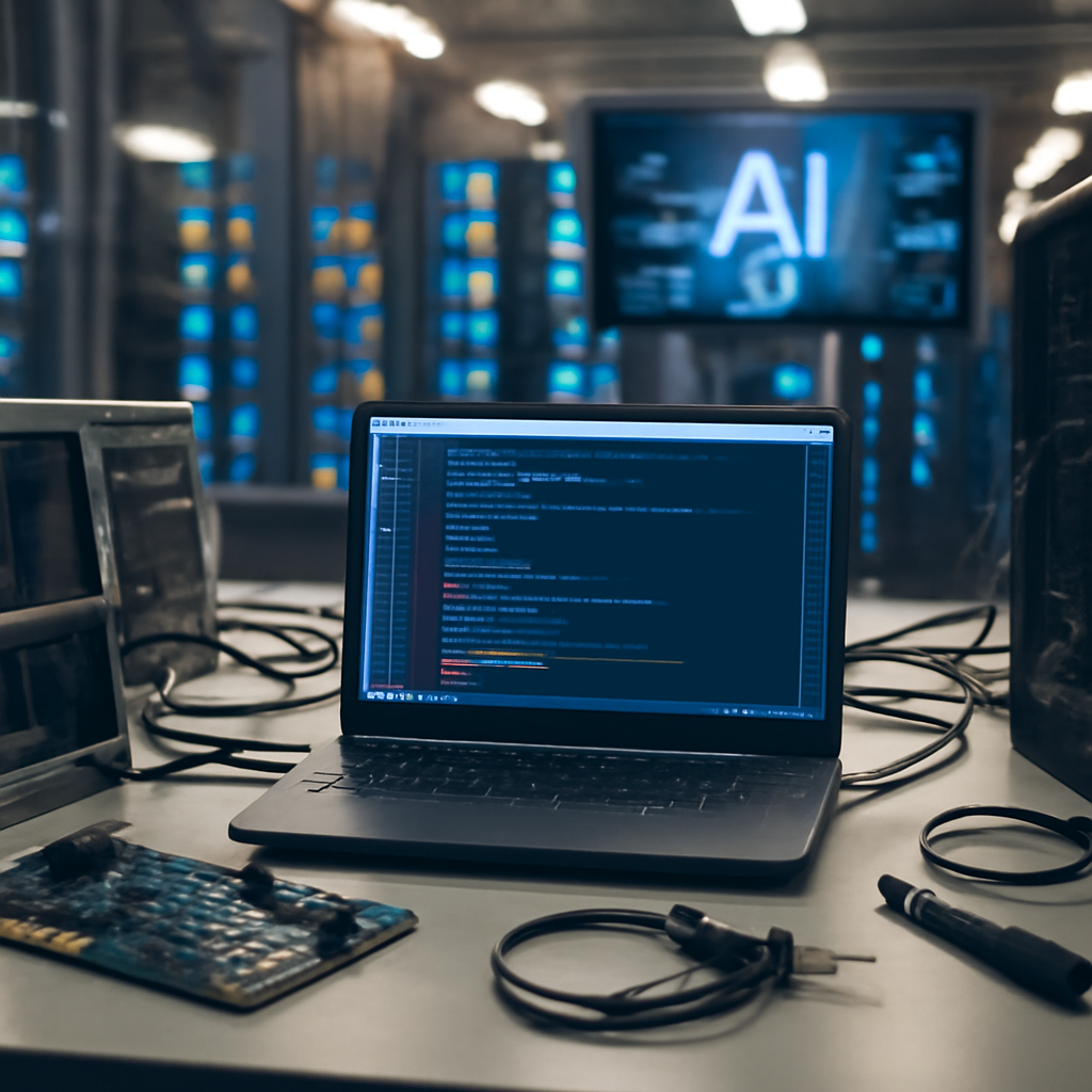 Research and development area with a workstation and laptop in the foreground and blurred AI equipment in the background.