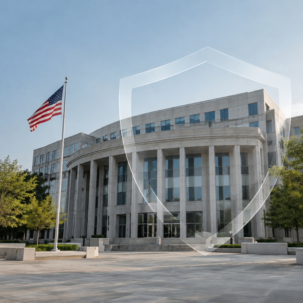 Government agency headquarters with a subtle shield motif, conveying stability and protection.