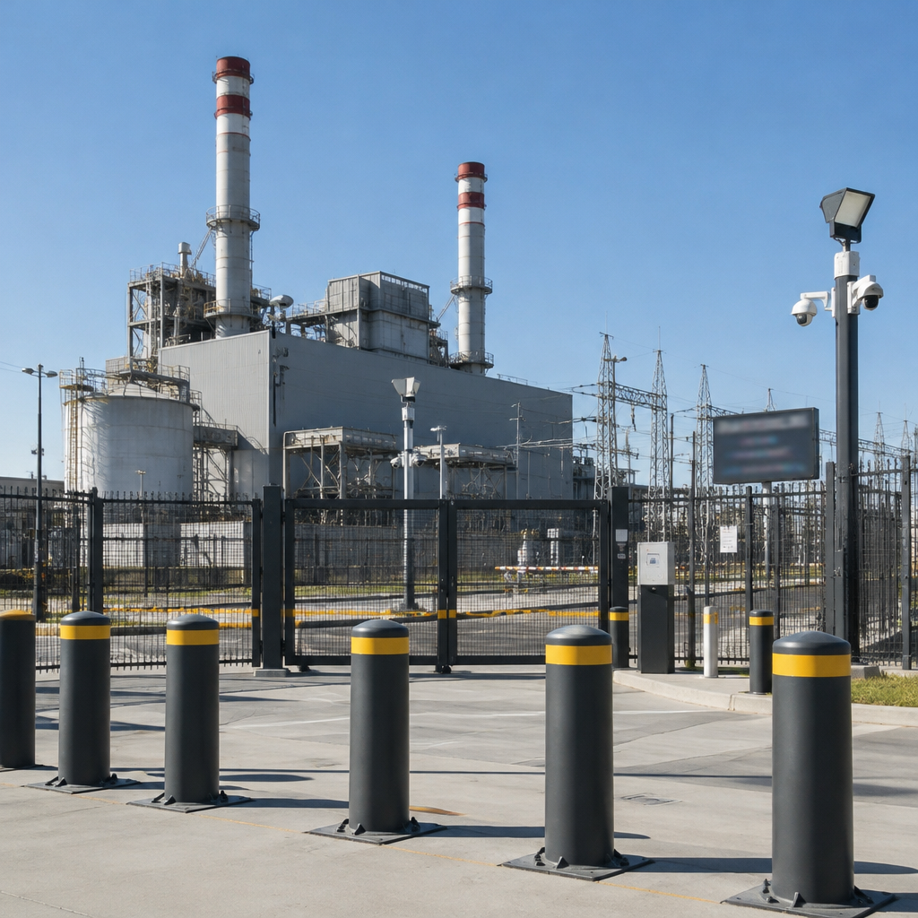 Fortified infrastructure site with industrial and security elements under a clear blue sky.