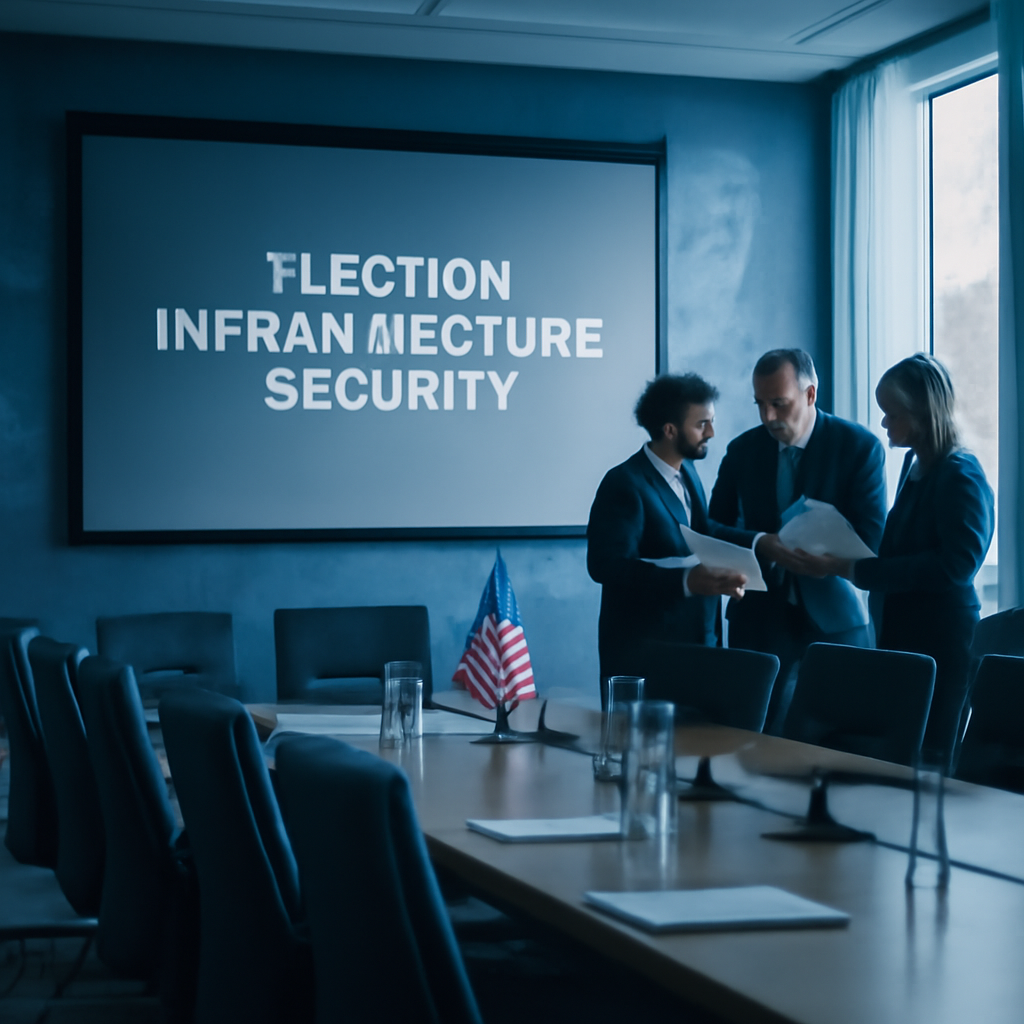 Secure government briefing room with large table, chairs, and blank projection screen on the wall.