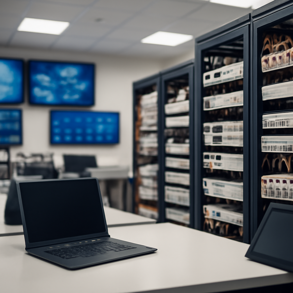 Brightly-lit network operations center with rows of equipment and security appliances on racks, and out-of-focus monitoring…