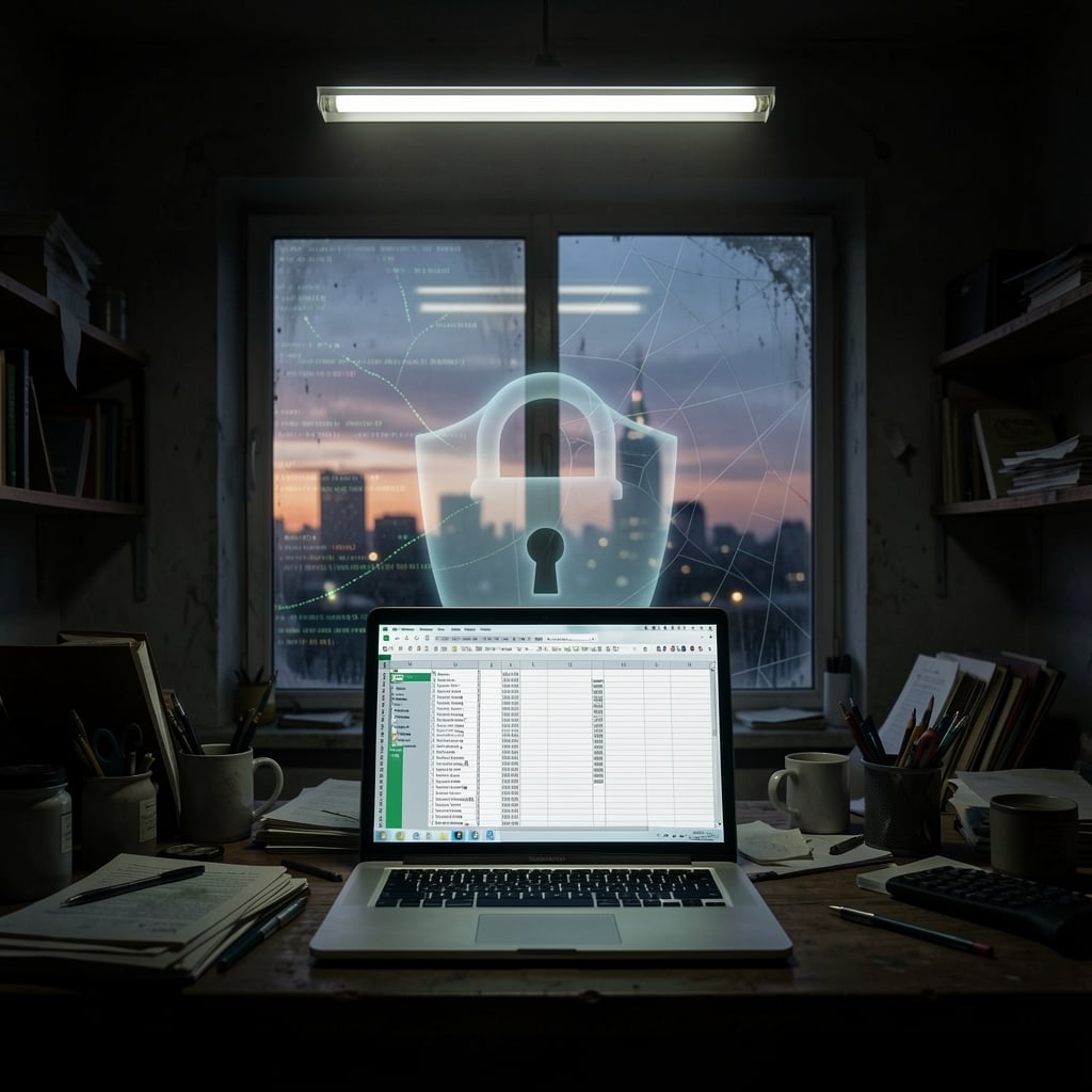 Dimly lit workspace with a laptop screen glowing, showing an open spreadsheet amidst eerie shadows.