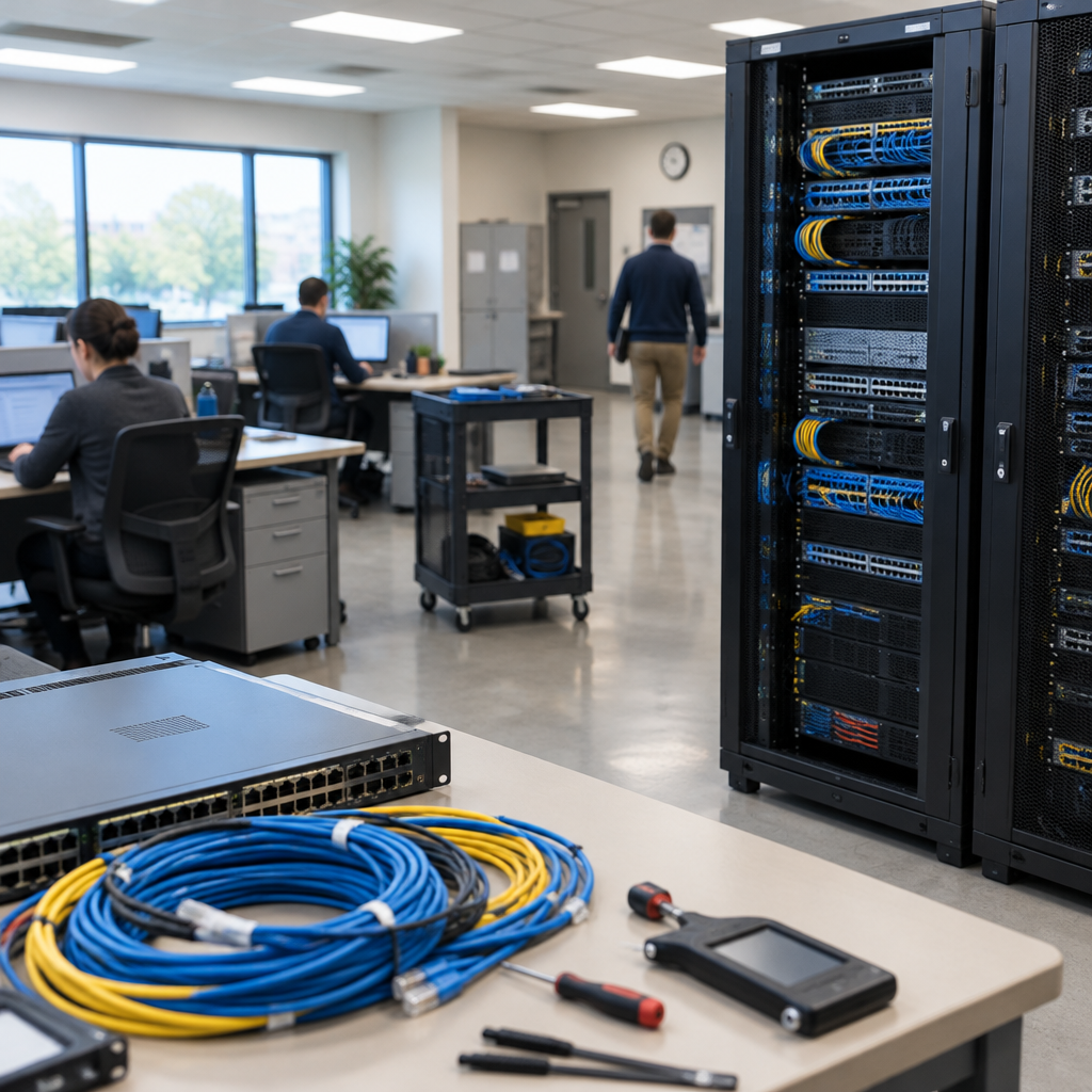 Generic office server room with computer equipment racks.