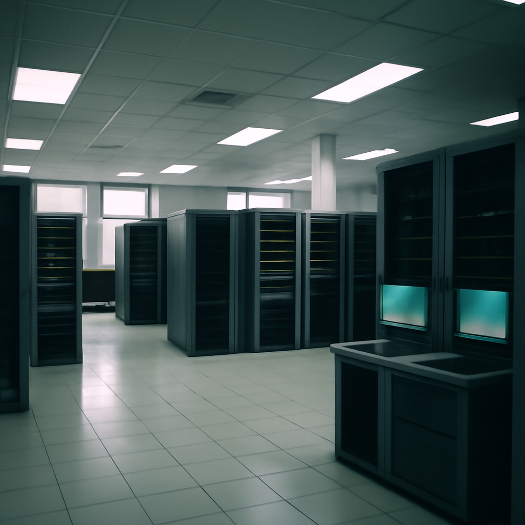 Empty server room with rows of equipment racks and computer servers under fluorescent lighting.