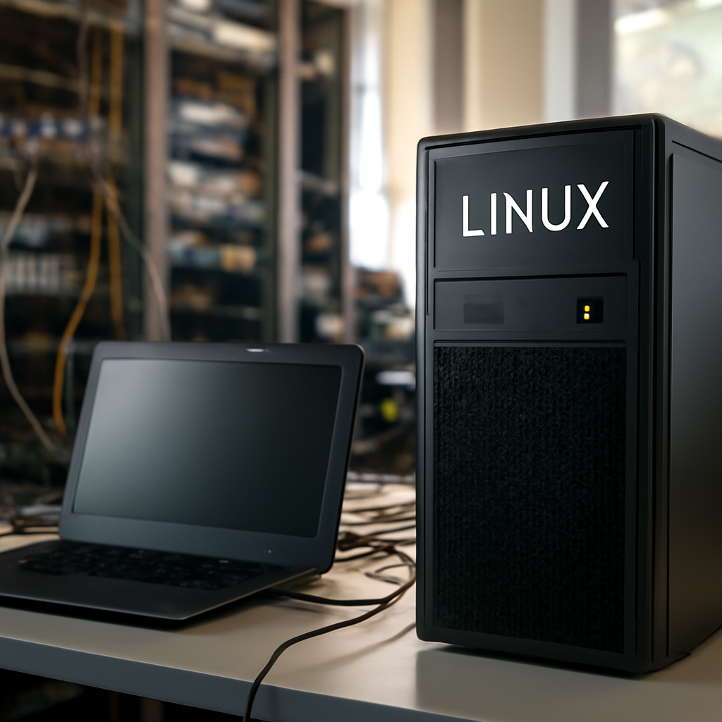 Linux server in a data center with multiple computer systems and cables.