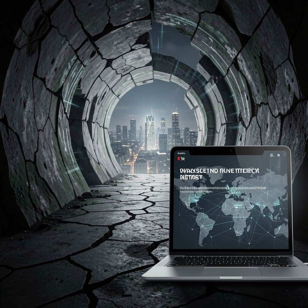 Cracked virtual tunnel with cityscape glow, symbolizing breached secure network.