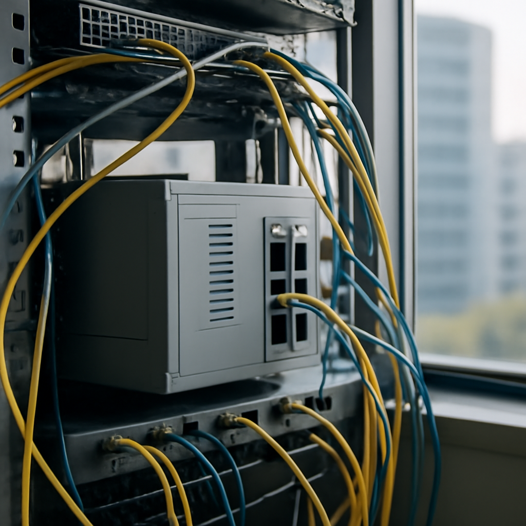 Network operations center with server and equipment, cityscape visible through window.