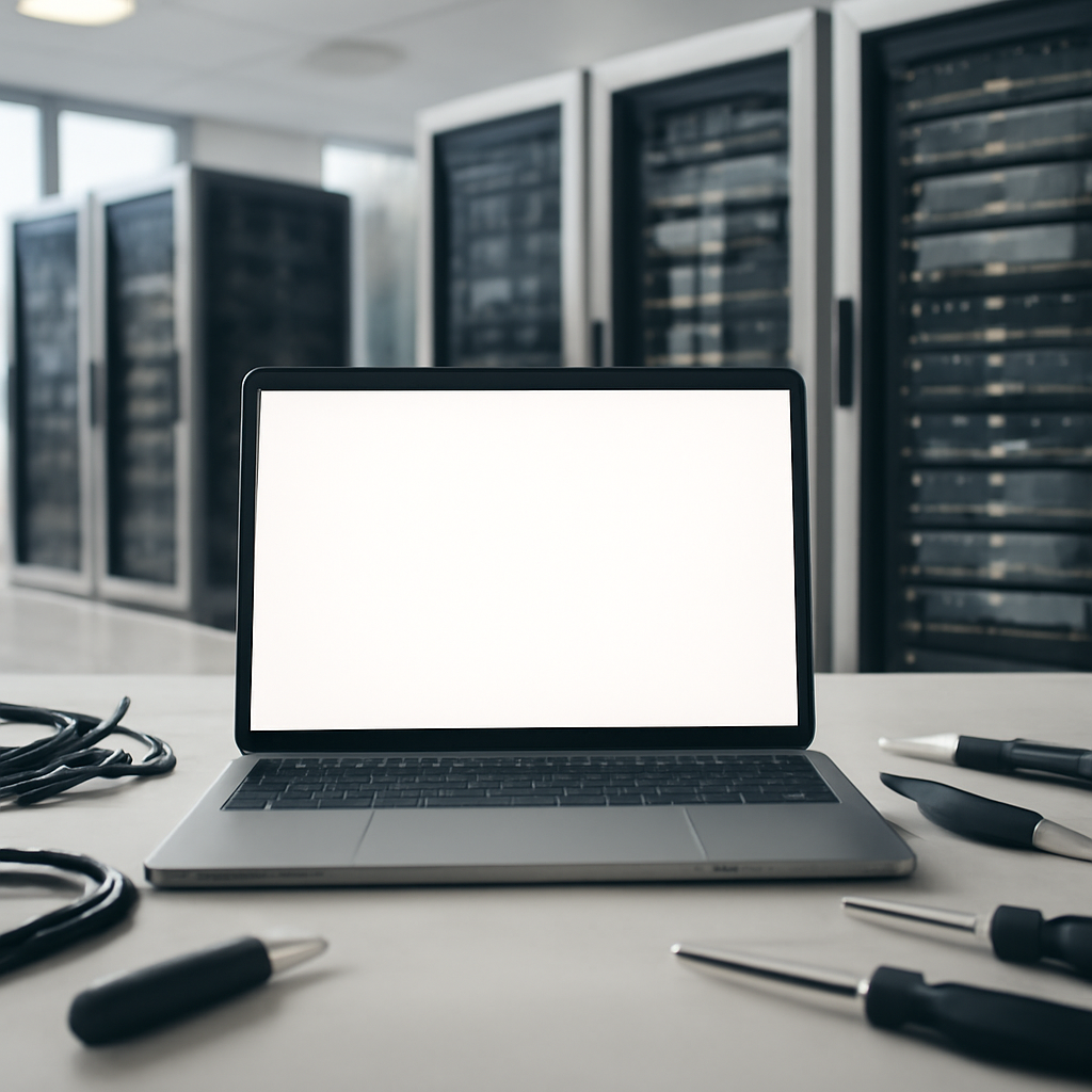 Modern tech facility with server racks in background and laptop in foreground.