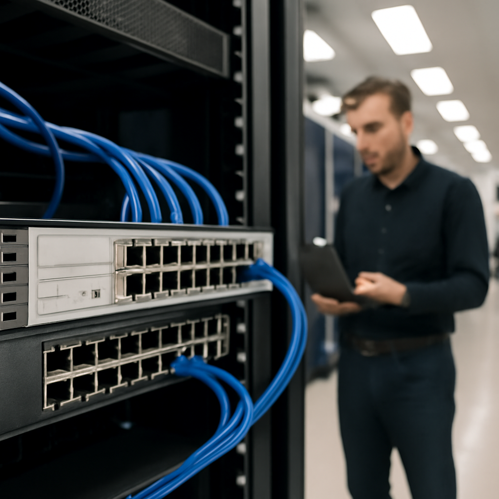 Technician in background examines network switch on rack in data center.