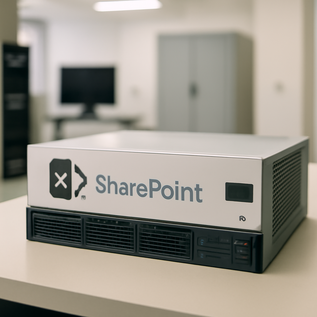 Microsoft SharePoint server equipment sits in a brightly-lit corporate office or data center.