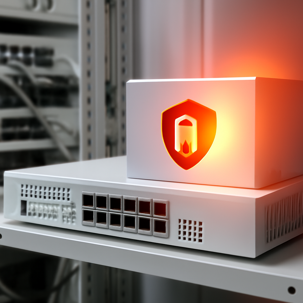 Network device on a rack in a brightly-lit data center environment.