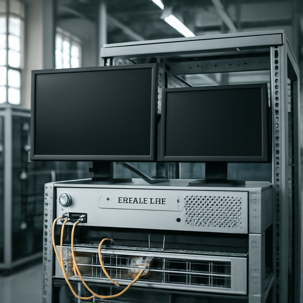 Rack of computer equipment with monitors in a neutral industrial setting.