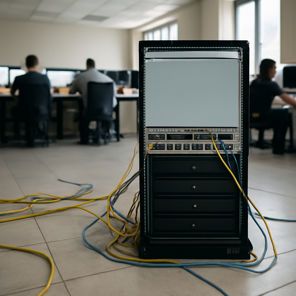 Technicians work in a network operations center with a prominent router on a rack and cables on the floor.