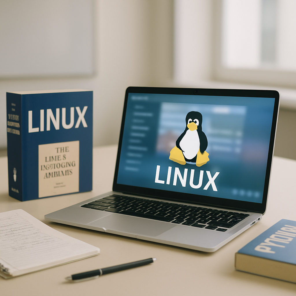 Linux workstation setup on a clean surface with technical books and notes in a quiet office.