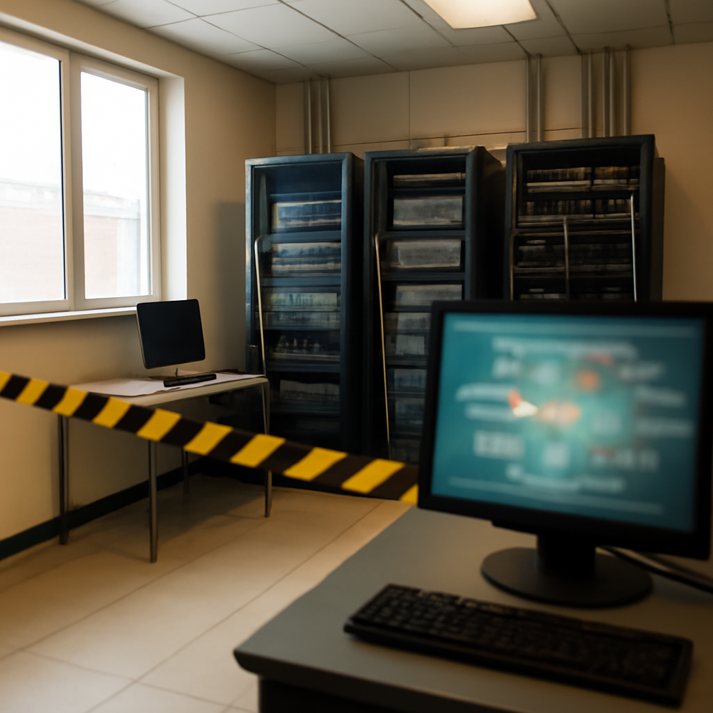 Government IT operations room with equipment and terminals, daylight through a window, and a blurred cyber threat…