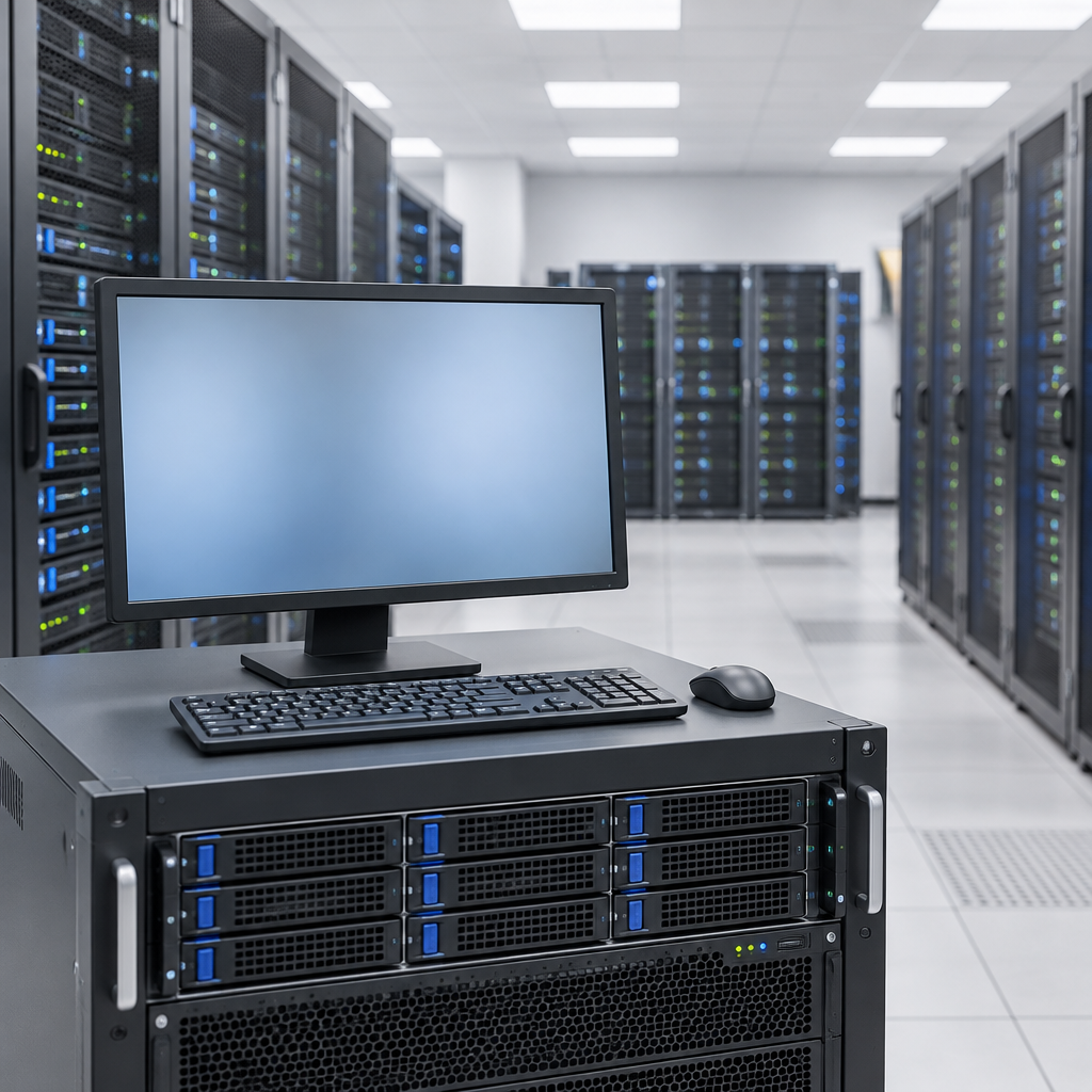 Rows of computer servers in a data center with a single server in focus in the foreground.