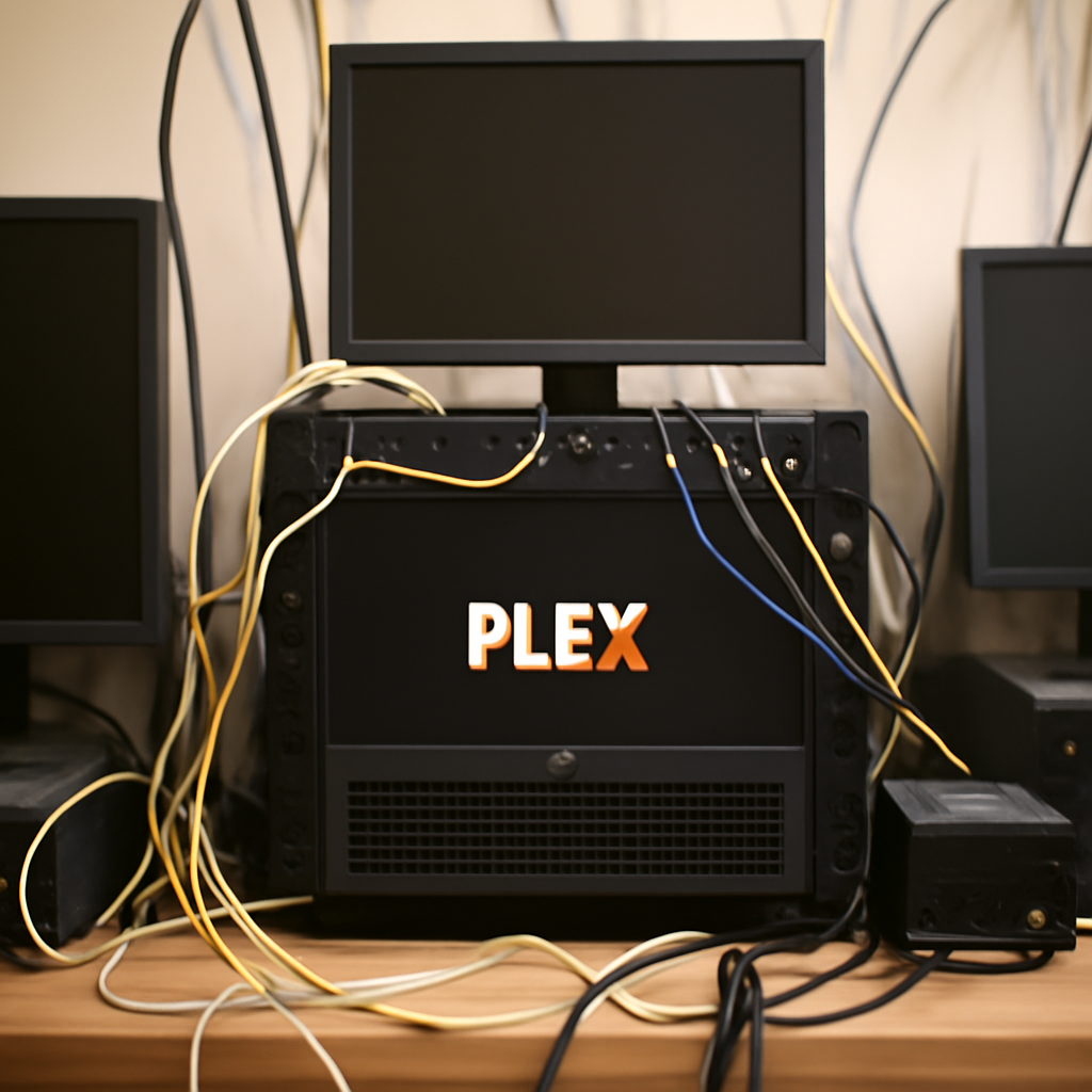 Server room with Plex Media Server setup and connected devices.