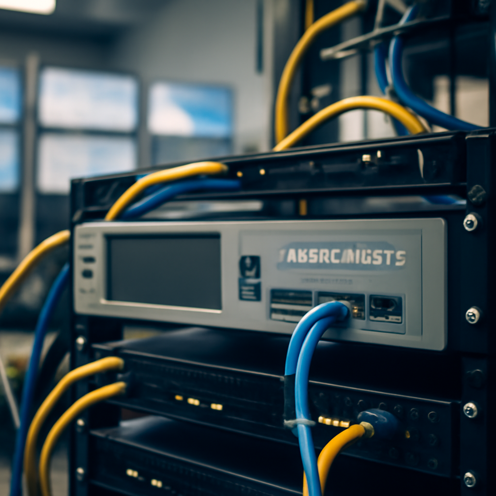 Network operations center equipment rack with loadmaster device and cabling.