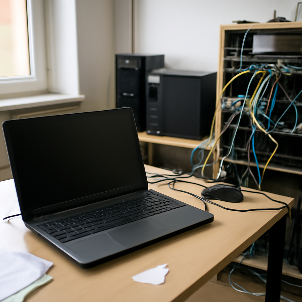 Small business office with computers and networking equipment, one laptop screen blank and out of focus.