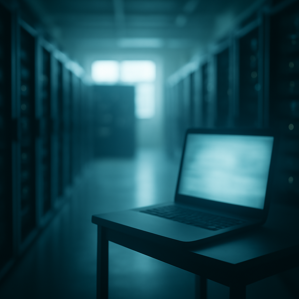 A lone computer workstation sits in a vast, empty IT room with rows of server racks in the background.