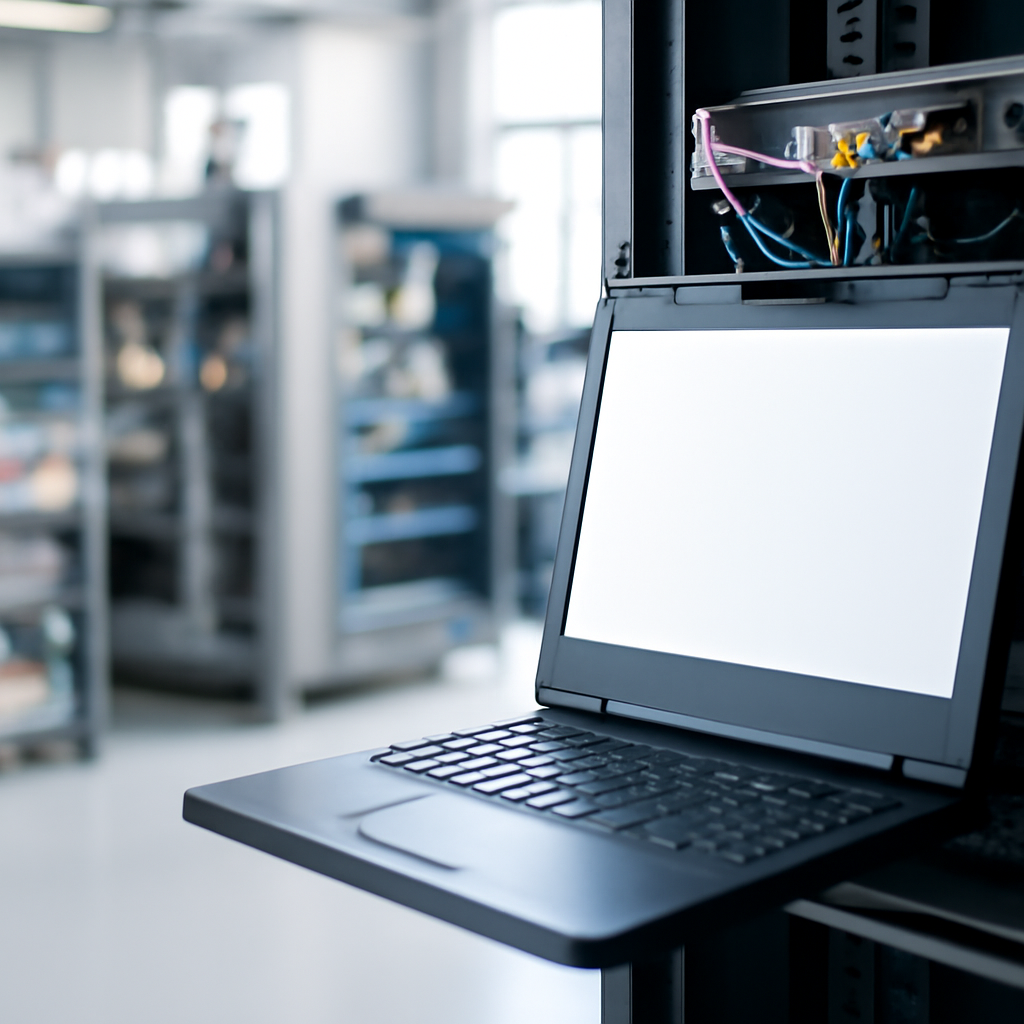 Server terminal on a rack with generic screen, amidst technical infrastructure.