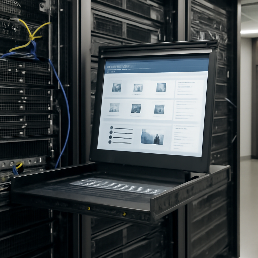 Rack of computer servers in a data center with a server control panel interface on screen.
