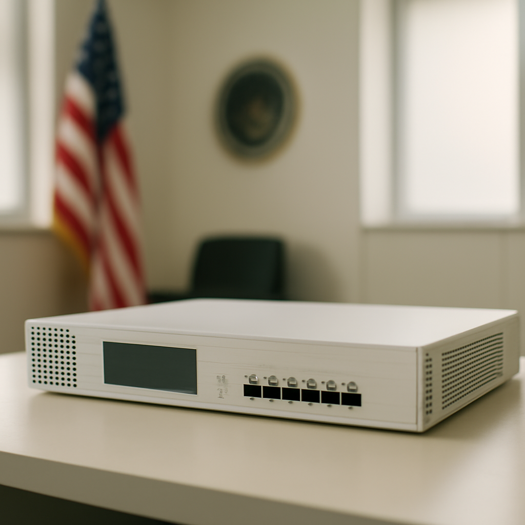 Network security appliance sits on a table in a government agency setting.