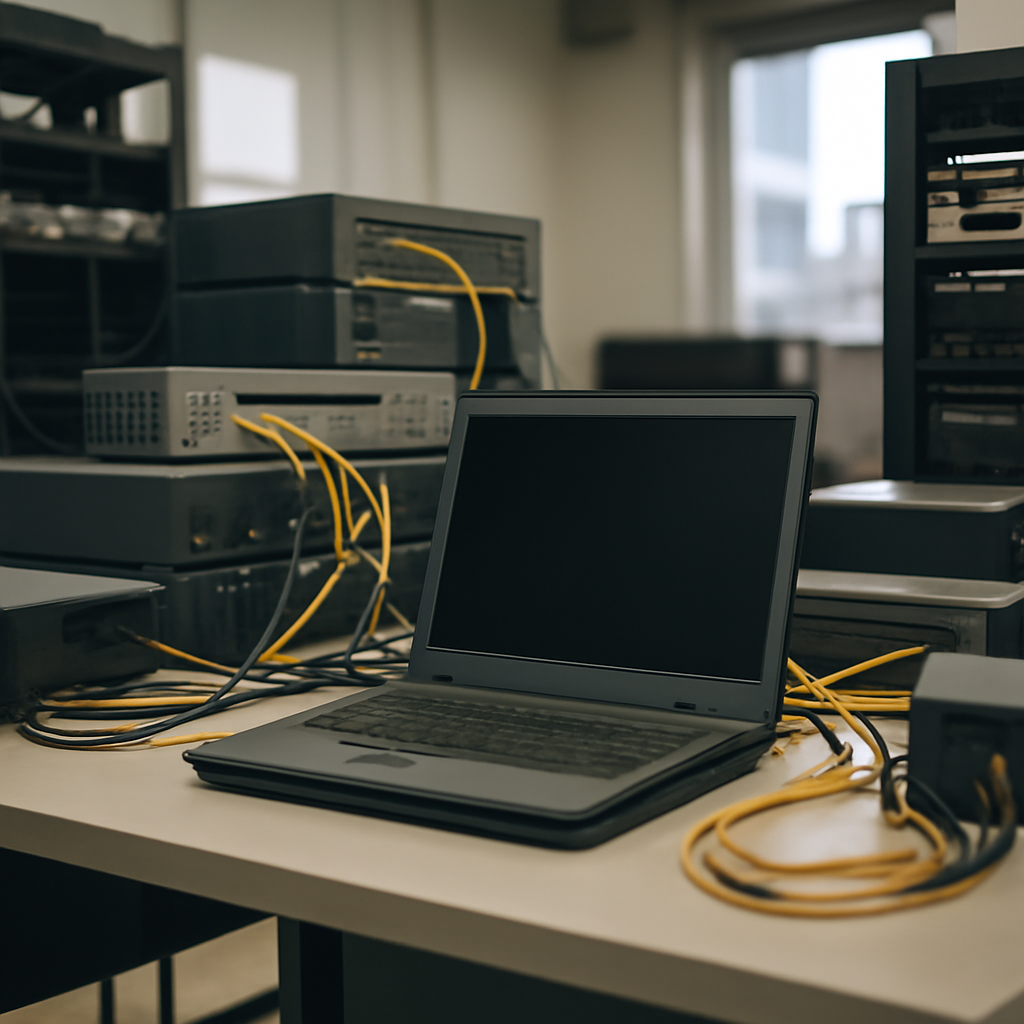 IT equipment and devices sit on racks and workbenches in a network operations room, with an older laptop centered on a…