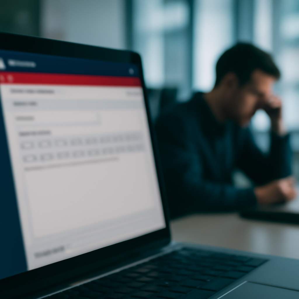 Blurred laptop screen showing Joomla Content Editor interface in a tech office setting.