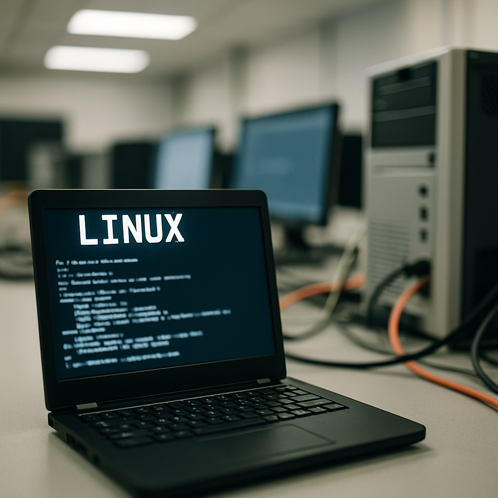 Linux terminal on a monitor in a data center or computer lab setting.
