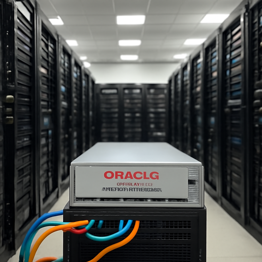 Rows of computer servers and equipment in a brightly-lit server room, with a central Oracle WebLogic Server device on a rack.