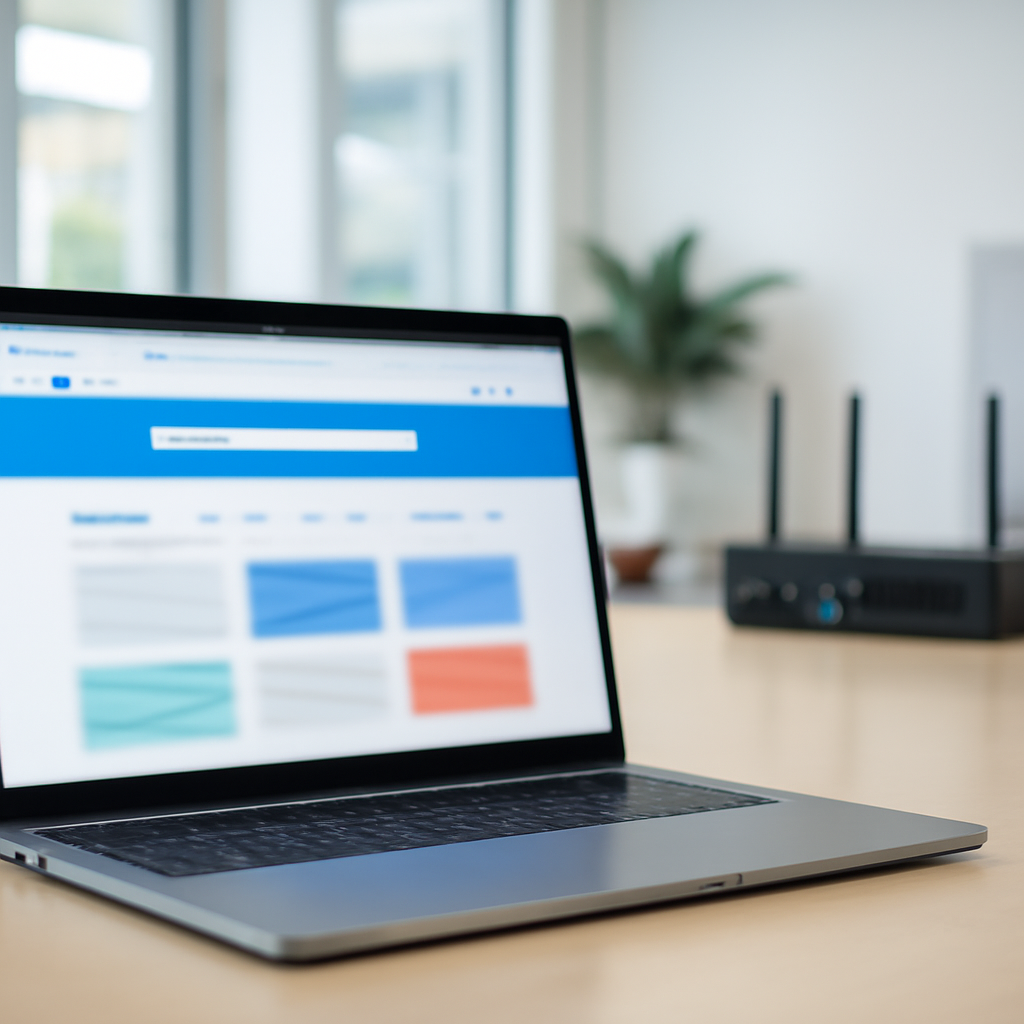 Laptop screen shows blurred web browser with network router in background.