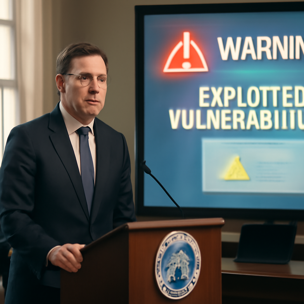 Government official stands before large screen displaying warning message about exploited system vulnerabilities.